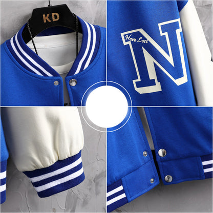 Letter Print Color Block Jacket Ins Fashion Loose Button Round Neck Baseball Coat Top For Men